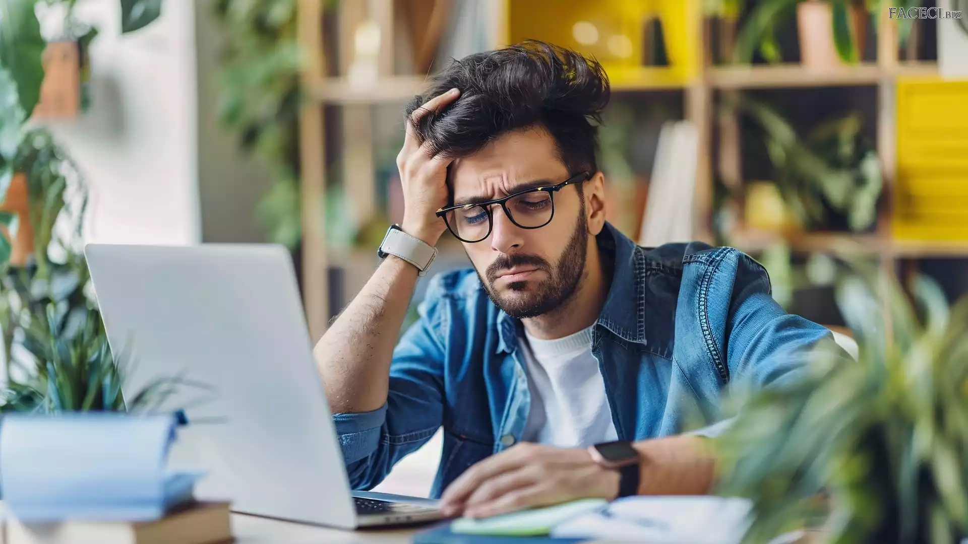 Laptop, Mężczyzna, Praca, Biuro, Zarost, Okulary